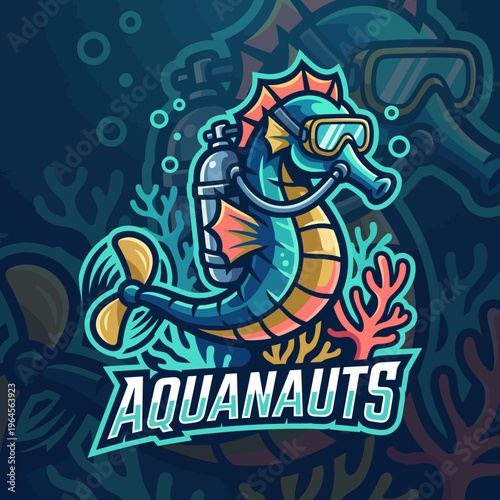 A whimsical seahorse wearing a diving mask, perfect for representing marine exploration and aquatic adventures, attractive for a dive shop or ocean-related service brand.