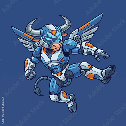 A sophisticated and bold robotic bull character with wings depicts strength and innovation, making it an excellent choice for technology or gaming-themed projects.