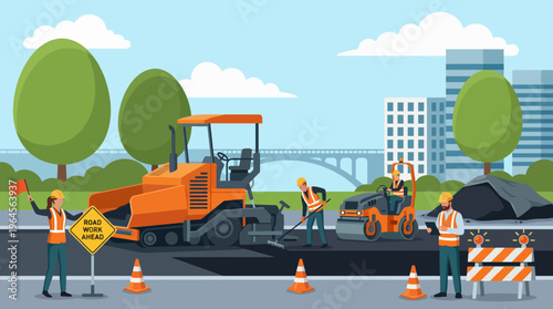 This vibrant illustration showcases construction workers engaged in roadwork, with machinery, traffic cones, and a city backdrop, illustrating the hustle and bustle of urban development.