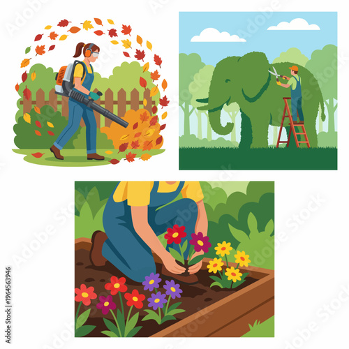 A vibrant collage showing seasonal gardening activities, including leaf blowing, topiary shaping of an elephant, and planting flowers, celebrating the joys of outdoor work and nature.