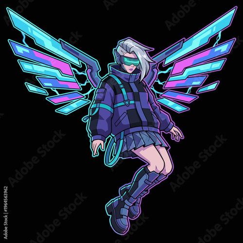 An imaginative digital illustration of a character with futuristic wings, representing freedom and technology in a neon color palette, appealing to sci-fi enthusiasts.
