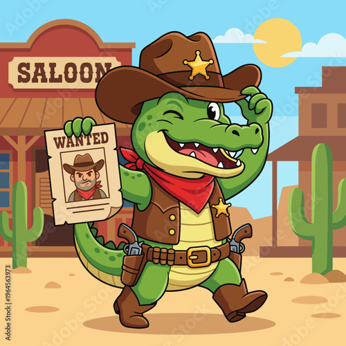 This engaging cartoon image showcases a crocodile dressed as a sheriff in the Wild West, promoting fun themes of justice, adventure, and playful storytelling in a colorful setting.
