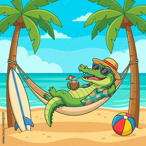 This laid-back crocodile enjoys a tropical day in a hammock under palm trees, showcasing a carefree lifestyle with a drink and beach elements in a bright cartoon setting.