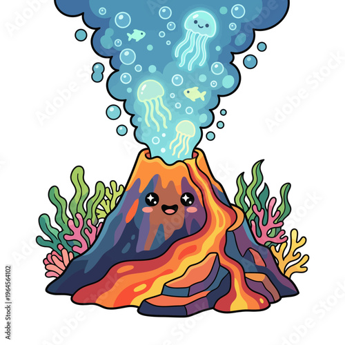 A vibrant and cheerful depiction of a smiling volcano erupting colorful lava and bubbles, surrounded by playful jellyfish and coral, capturing the ocean's joy.
