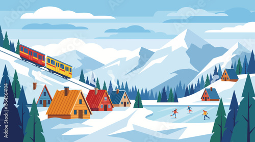 A picturesque winter landscape depicting snowy mountains, a scenic train, and skiers, capturing the essence of winter adventure, travel, and nature’s beauty.