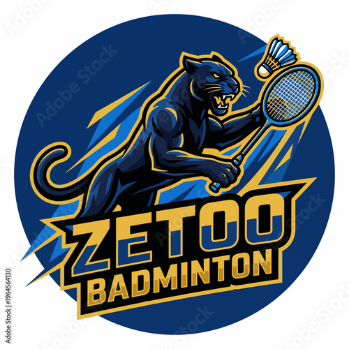 A fierce panther holds a badminton racket in an energetic pose, representing athleticism and competitive spirit, ideal for sports merchandise and promotional materials.