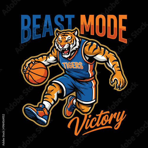 A fierce tiger mascot dribbling a basketball, symbolizing strength and agility in sports. The vibrant colors bring excitement to the spirit of competition and victory.