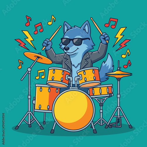 A cool wolf wearing sunglasses plays drums energetically, surrounded by vivid musical notes and lightning, capturing the essence of music, fun, and vibrant artistic style.