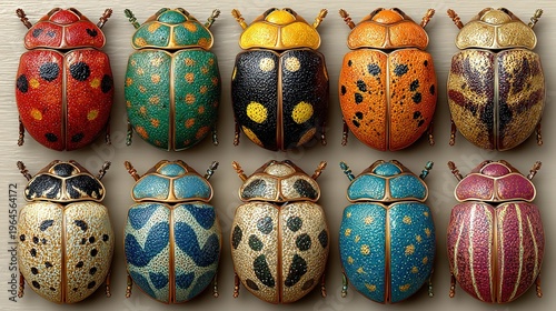 Vibrant Assorted Ornate Beetles, Textured Patterned Insect Specimens, Entomology Themed Decorative Display, Nature-Inspired Design Elements on Neutral Background