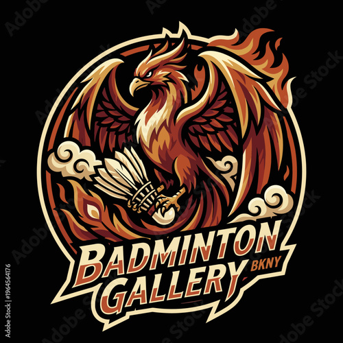This striking illustration features a phoenix rising amidst flames, holding a badminton racket, symbolizing resilience and passion in a fiery yet artistic design.