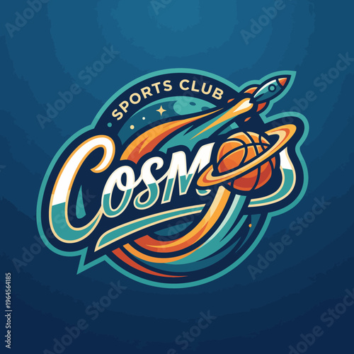 A vibrant sports club logo featuring a basketball and a rocket amidst cosmic elements, designed to reflect an adventurous spirit and the excitement of the sports world.