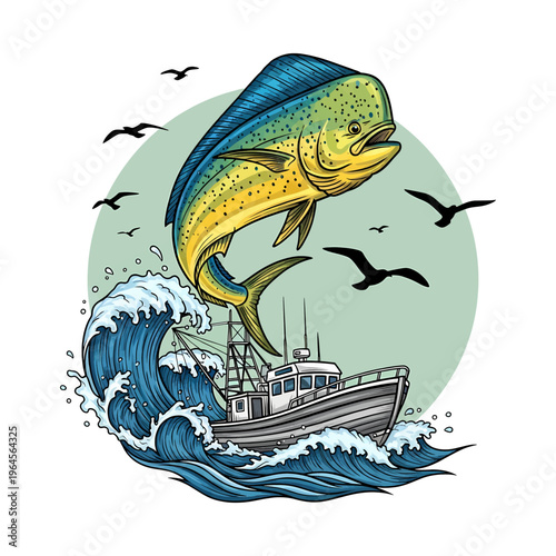 Mahi mahi jumping out of water with fishing boat on big ocean waves and sunset background