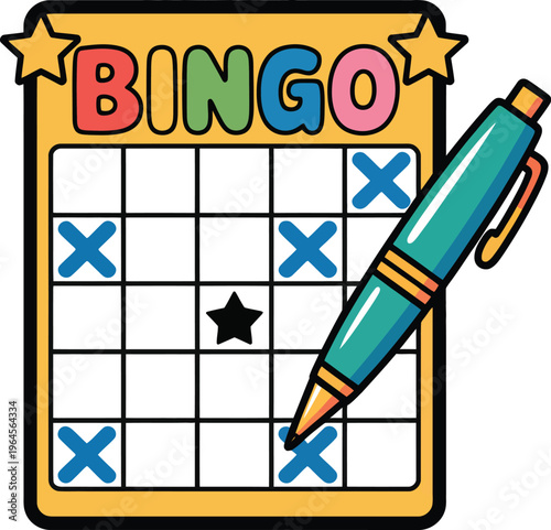 Yellow bingo card with blue crosses and star marker on wooden background