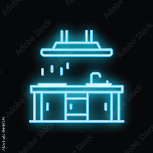Glowing blue neon icon of a kitchen counter with a sink and a cooker hood illuminating the room