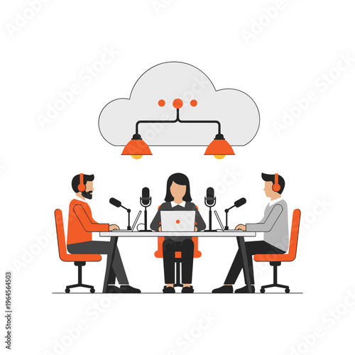 Podcast team recording episode with microphones laptops under cloud graphic.
