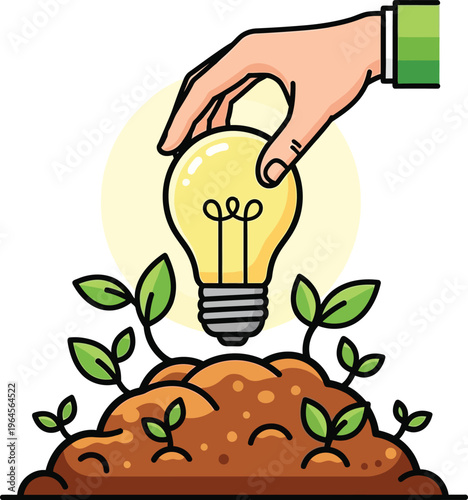 Hand planting a glowing lightbulb in soil with seedlings representing the nurturing of new ideas and innovation growth.