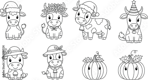 Cute cow characters vector set with seasonal hats, flowers and pumpkins, adorable cartoon farm animals outline illustration collection