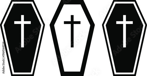 Set of three black and white coffin icons with christian cross symbols isolated on a white background banner.
