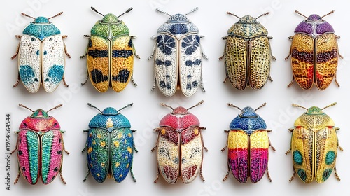 Vibrant Patterned Beetle Specimens, Flat Lay Decorative Entomology Collection with Textured Elytra, Diverse Colorful Bug Assortment on White Background