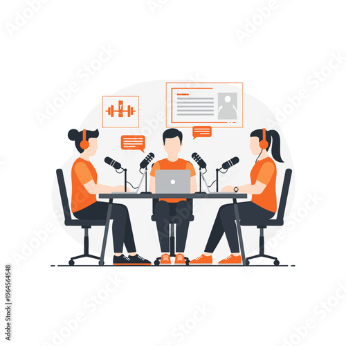 Podcast hosts recording episode with microphones and laptop computer.