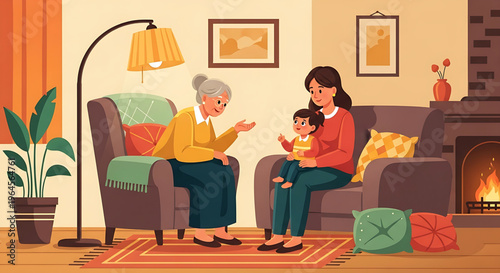 Joyful multi-generational family bonding as an elderly woman shares a tender moment with a young mother and her child, creating cherished memories in a warm and inviting living room