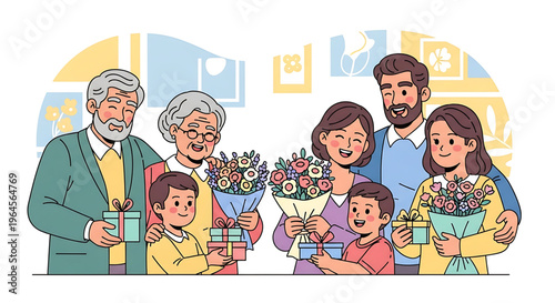 Generational family celebration with grandparents, parents, and children exchanging heartfelt gifts and beautiful flowers, symbolizing love and togetherness and happiness