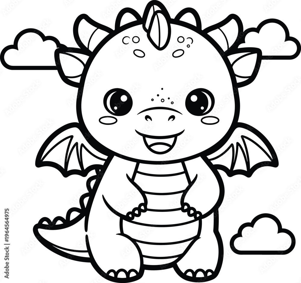 Fototapeta premium Cute baby dragon cartoon coloring page fantasy creature illustration in simple outline style perfect for kids coloring book printable activity sheet and magical fairytale drawing page