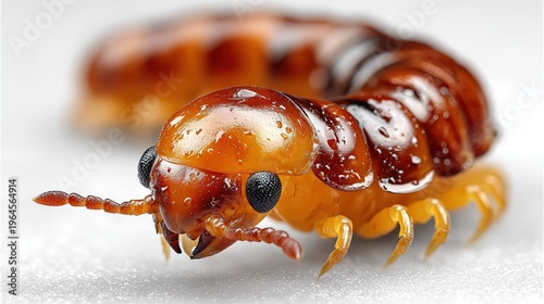 Macro Close-up of Moist Glossy Brown Millipede Adorned with Water Droplets, Isolated on White Background, Arthropod Wildlife for Educational Materials and Nature-themed Design Projects