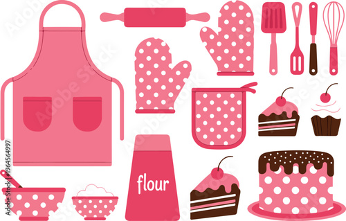 Vector icons collection on baking theme, cute cartoon bakery tools, ingredients, pastries, and dessert illustration set