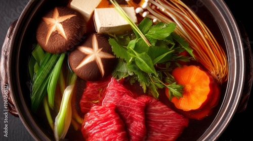Fresh and Colorful Ingredients for a Delicious Hot Pot Dish Featuring Vegetables, Mushrooms, Meat, and Tofu in a Traditional Bowl on a Dark Background