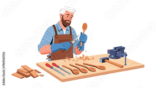 Craftsman at Work: An artisan meticulously carves wood, crafting a wooden spoon. Detailed illustration for craft, art and hobby. 