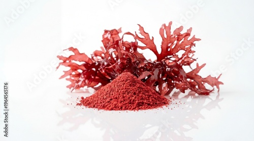 Astaxanthin Red Algae Powder and Seaweed Extract on White Background