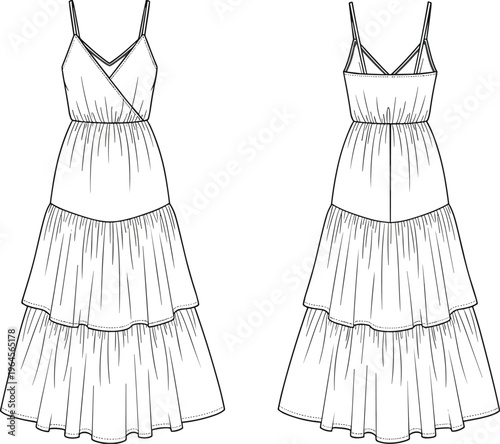 Set of women's tiered maxi dress fashion flat sketches, technical CAD drawings of summer sundress with front and back views.