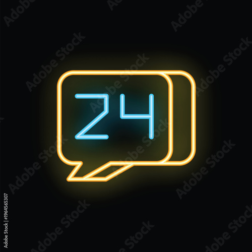 Blue and yellow neon sign showing the number twenty four inside a rounded rectangle speech bubble