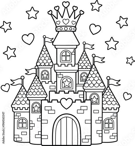 PrCute princess castle coloring page fairy tale palace cartoon illustration in simple outline style perfect for kids coloring book printable activity sheet and magical kingdom drawing page