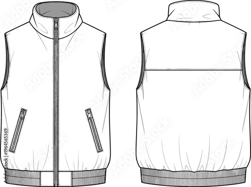 Set of puffer vest fashion flat sketches, technical CAD drawings of sleeveless jacket with zipper pockets, front and back views.