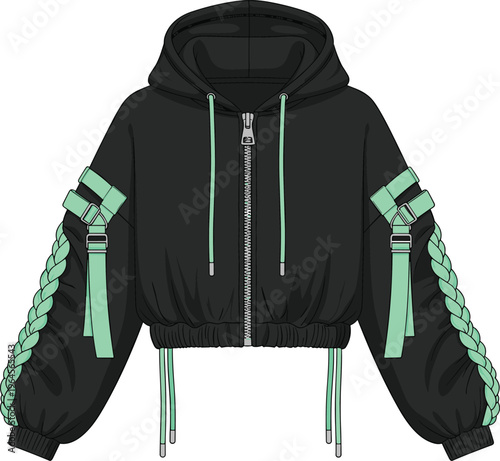 Women cropped zip up hoodie technical flat sketch vector illustration with buckle harness straps braided sleeves and elastic drawstring waistband