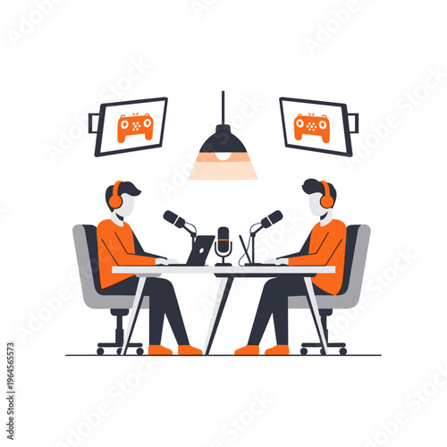 Two people podcasting with headphones laptops microphones and gaming controllers on screen.