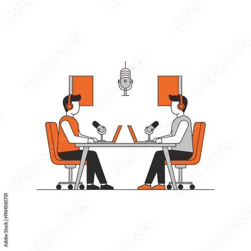 Two people podcasting with headphones laptops and microphones in studio setup.