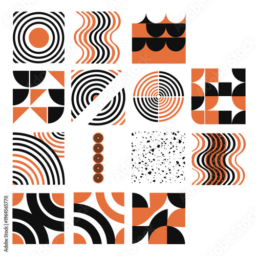 Geometric Abstract Patterns Set in Black and Orange with Circles and Waves