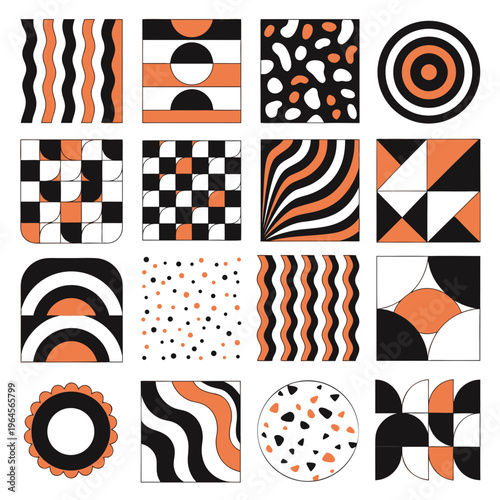 Abstract Geometric Shapes Grid Black Orange White Retro Minimalist Design