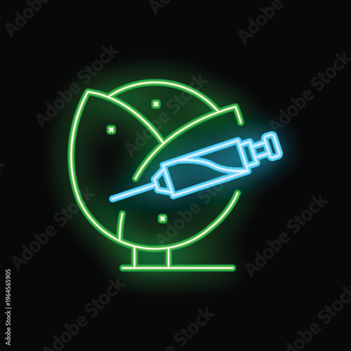 Glowing neon line syringe injecting virus antidote into apple icon isolated on black background. Syringe and apple with virus sign. Concept of health, safety and medical protection. Vector