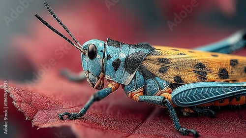Vibrant Blue and Yellow Grasshopper in Macro Close-Up on Textured Red Leaf, Detailed Exoskeleton and Natural Wildlife Portrait