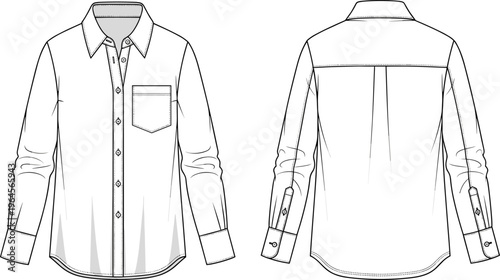Women's button down long sleeve shirt fashion flat sketches, technical CAD drawings of collared blouse template with front and back views.