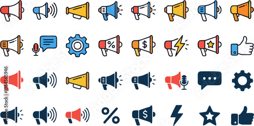 Fotografie Marketing and Promotion Icon Set – Megaphone, Loudspeaker, Announcement, Social