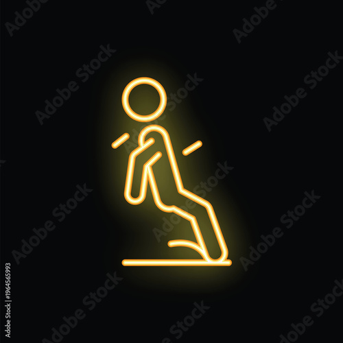 Yellow glowing neon icon of a person relaxing in zero gravity position, isolated on a black background