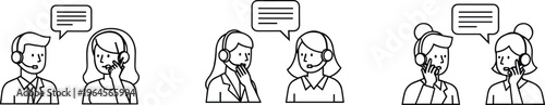 Black line art outline icons showing call center agents wearing headsets, providing telemarketing support, customer service communication, and professional office consulting.