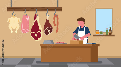 Butcher Preparing Meat Cuts in Shop Illustration.