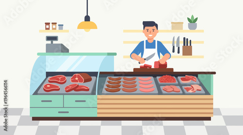 Butcher Preparing Fresh Meat Cuts in a Shop.