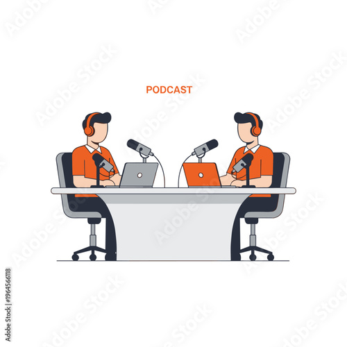 Two podcast hosts in orange shirts recording show with laptops and mics.
